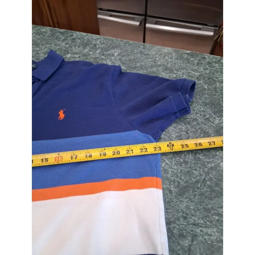 Polo Ralph Lauren Mens L Blue Orange White Colorblock Striped Polo Shirt Pony